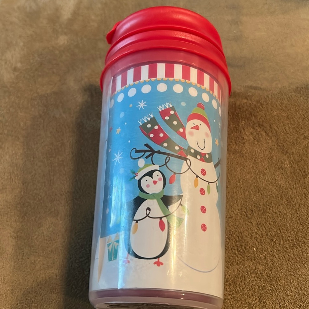 Winter themed Travel Mug (11.5 oz) with Penguins and a Snowman